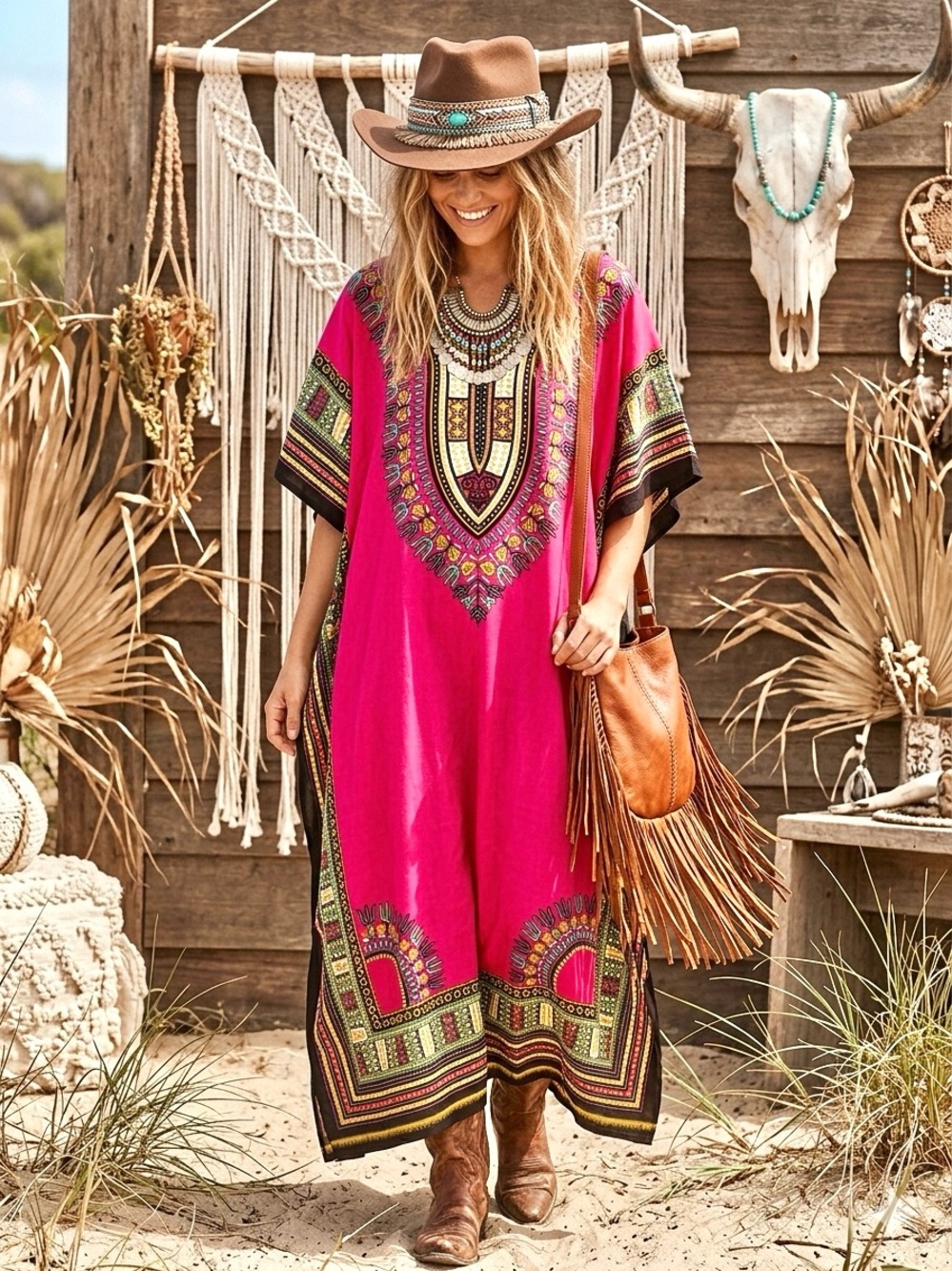 Striking KAFTAN boho MAXI dress/cover up w Gypsy southwestern beach vibe